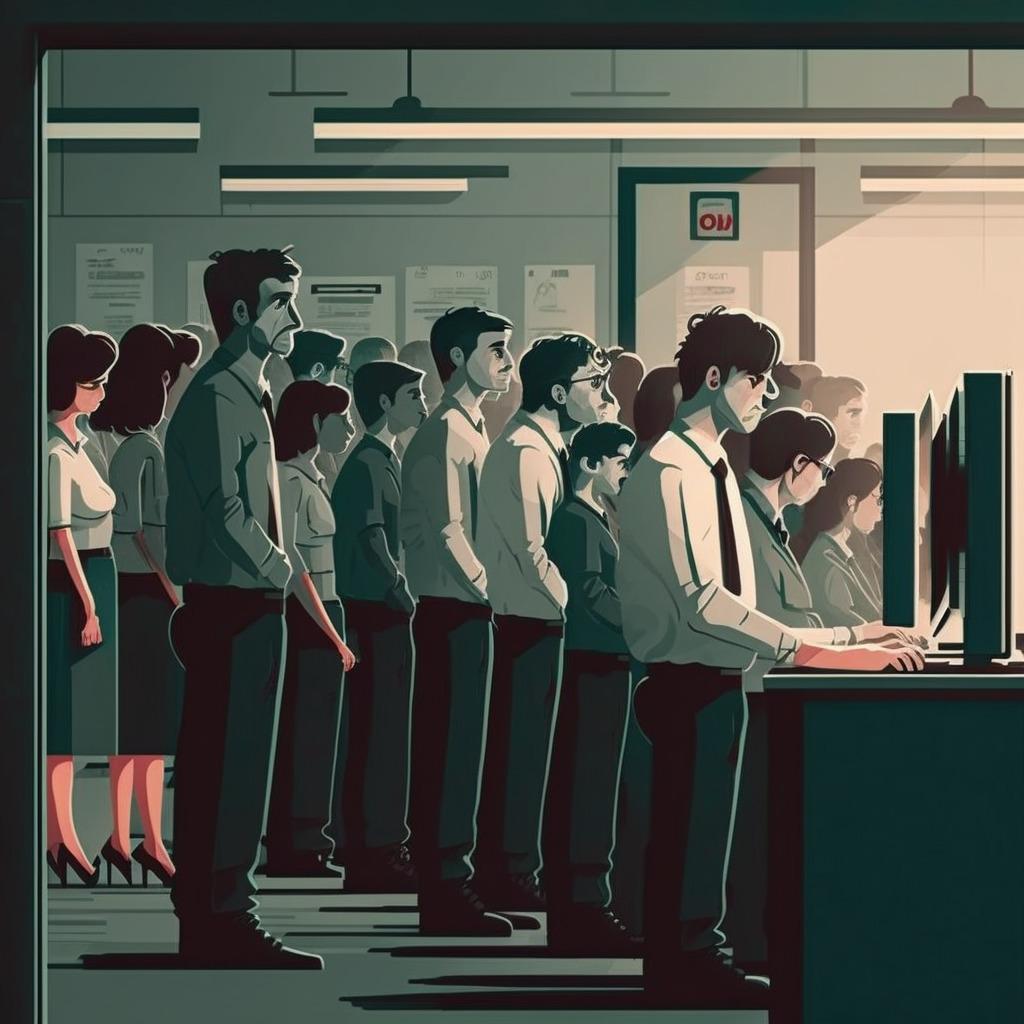 **employees lined up in their desk working** - Upscaled by (fast)