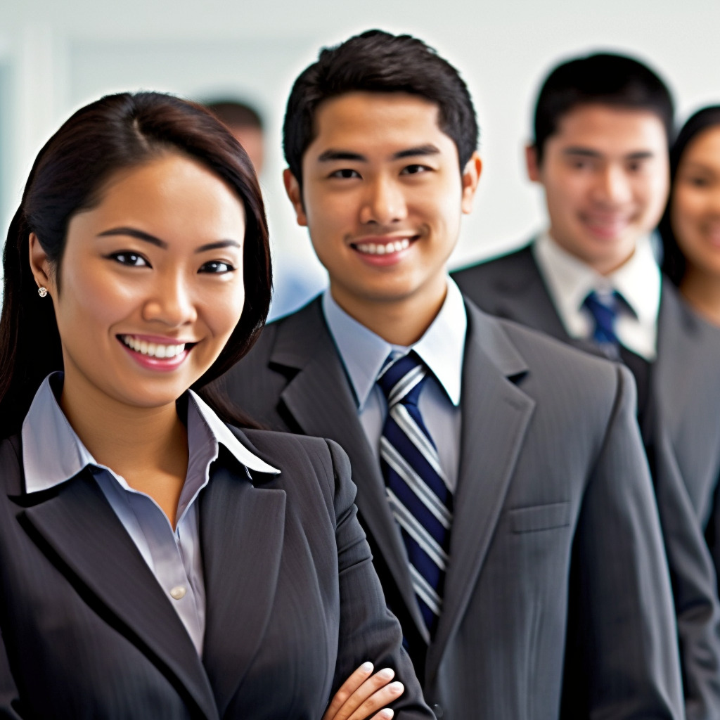 **filipino employees lined up smiling in business attire in an office environment** - Upscaled by (fast)